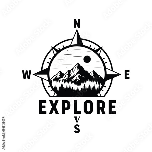 Outdoor exploration graphic with compass, majestic mountains, dense forest, and 'EXPLORE' text