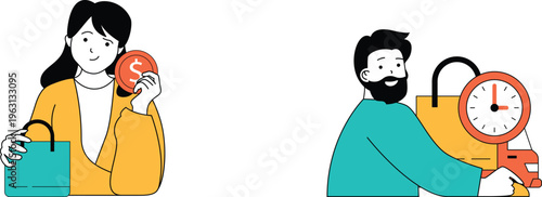 A woman holding currency while a man balances time with a shopping bag nearby representing financial planning and time management