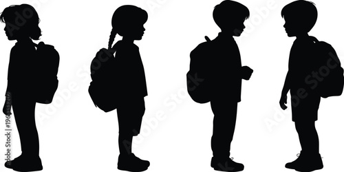 School children silhouettes vector set with backpacks standing poses kids isolated black figures education illustration collection student design