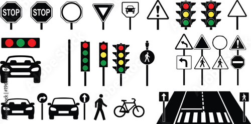 Traffic Signs and Road Icons Set, Transportation Symbols Collection with Signals and Vehicles