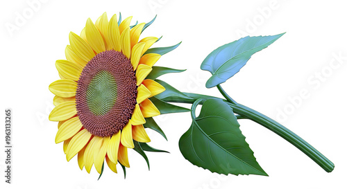 Single Sunflower with Leaves on White Background