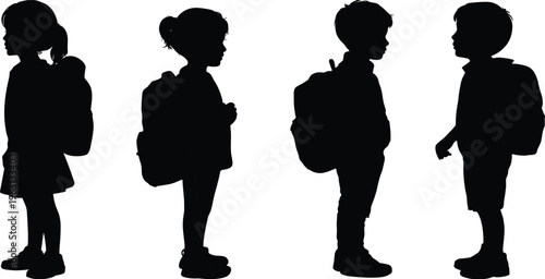 School kids silhouettes vector set with backpacks standing side view poses children isolated black figures education illustration collection