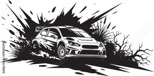 Black and white of a rally car crashing through bushes