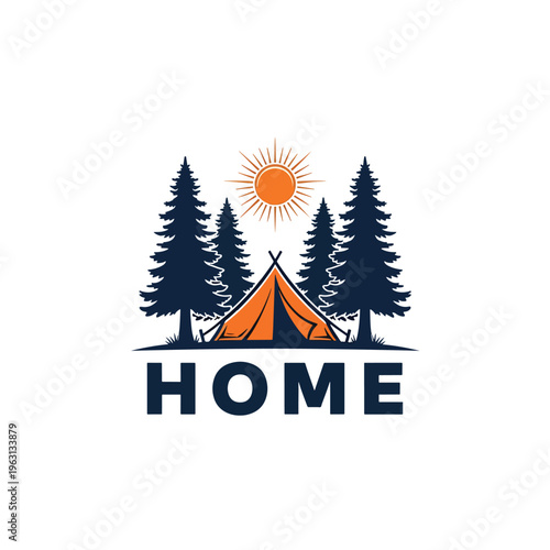 Vector graphic of a cozy camp tent among pine trees under the sun, symbolizing outdoor home.
