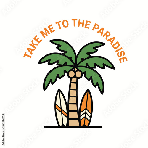 Bright vector graphic of a tropical paradise scene with palm tree and surfboards, for summer travel.