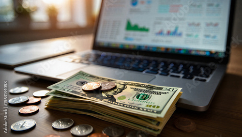 Financial Investment: A close-up shot revealing money stacks beside coin, with a laptop displaying financial data.