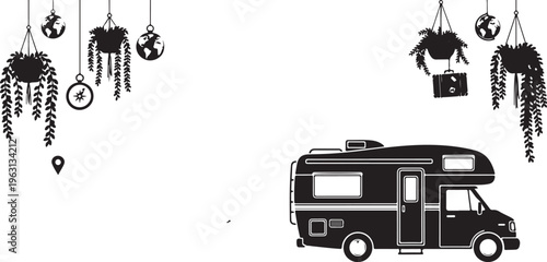 Black and white of rv with hanging plants and ornaments