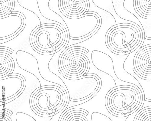 Continuous thin monoline swirl pattern with floral motifs in black on white
