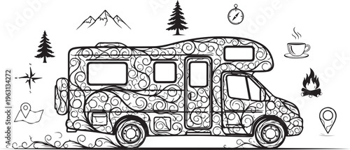 Black and white of rv with swirling patterns surrounded by camping