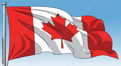 The canadian flag waving in the wind with a red maple leaf on a clear blue sky background