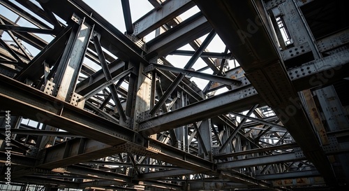 Industrial steel structure framework construction site.