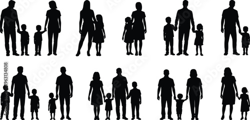 Family silhouettes vector set with parents and children walking holding hands isolated black figures illustration collection parenting lifestyle concept