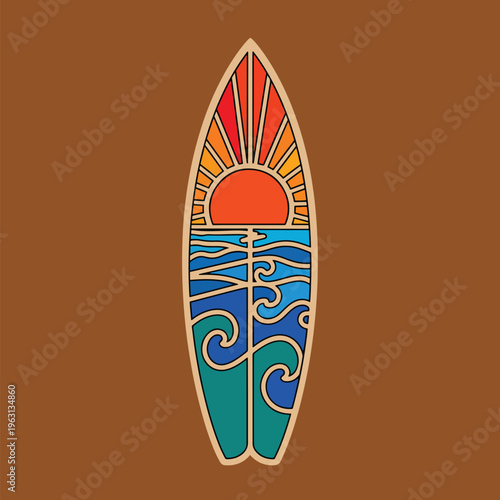 Stylized Vector Surfboard with Sunset and Ocean Waves Design, Summer Travel Graphic