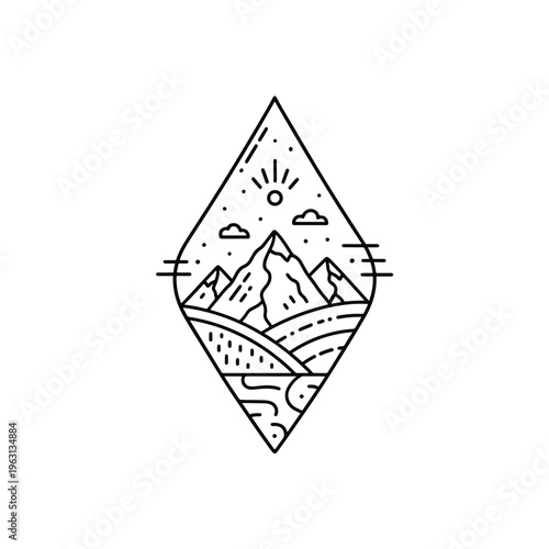 Minimalist Mountain Landscape Illustration: Serene Outdoor Adventure Emblem in Line Art