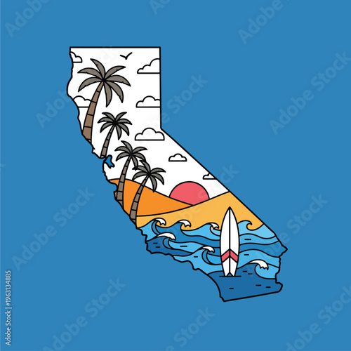 Vector Illustration of a Coastal State Beach Scene with Palm Trees and Sunset