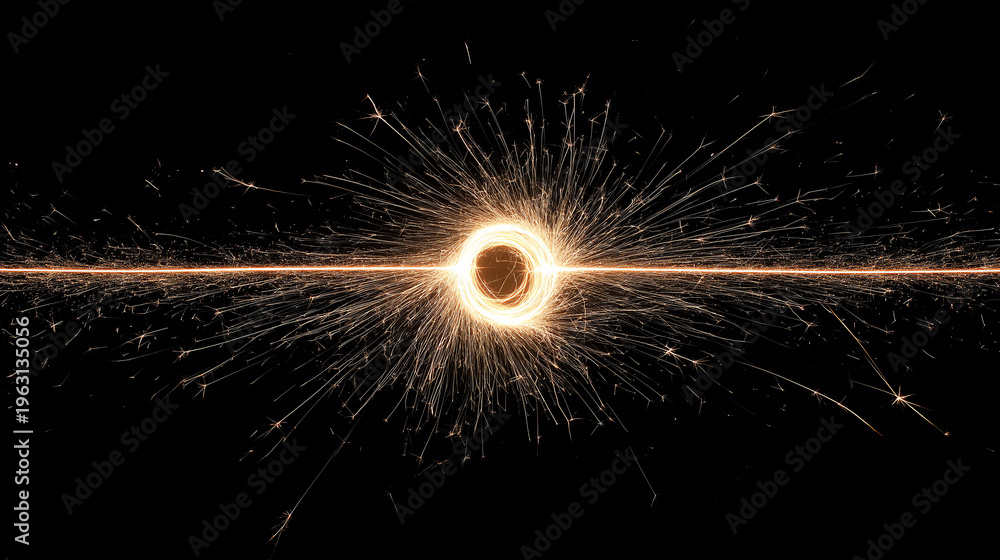 Obraz premium A minimalist holiday shot of a burning sparkler emitting golden sparks against a black background.
