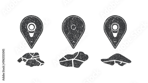 Three grunge-style location pin icons, each above an abstract broken land mass shape