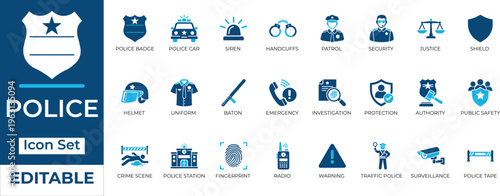 Police and law enforcement editable vector icon set. Modern blue flat icons of security, crime, justice, officer, and emergency symbols for UI and web design.