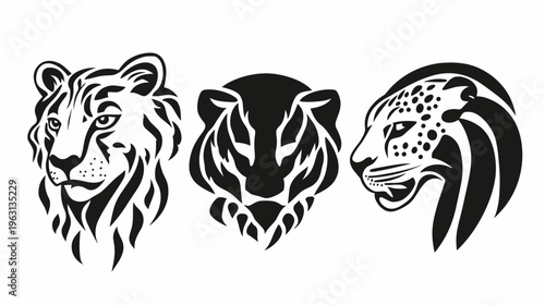 Three stylized animal head illustrations, featuring a tiger, a bear, and a leopard, rendered in bold black and white