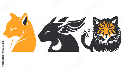Stylized representations of felines in black and gold on a white background