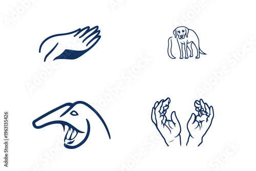Four graphic icons on white. Includes hand, dog, animal head, and hands with something inside
