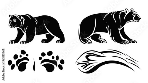 Silhouetted bears in black on white, paw prints, and stylized graphic element, vector illustration