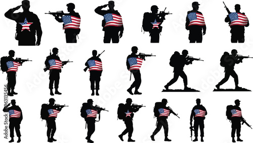 A collection of american soldiers in various poses with guns and flags