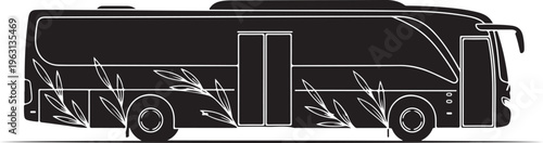 Black bus with white outline and leaf
