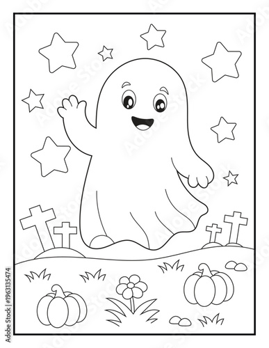 Cute Ghost Halloween Coloring Page for Kids. Simple Cartoon Spooky Line Art
