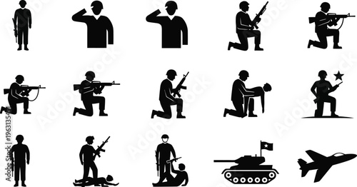 Soldiers and military vehicles in various combat positions and actions scene