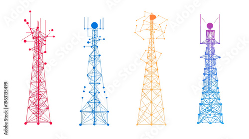Four stylized communication towers in different color gradients and graphical styles against a white backdrop