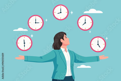 Woman with many clocks