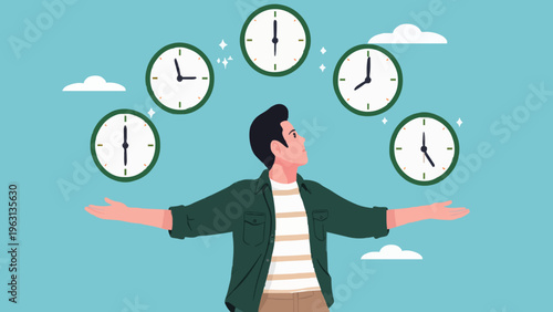 Man with many clocks around