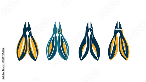 Stylized illustration of four nipper tools in a row, with blue, yellow, and white color blocks