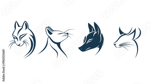 Four stylized animal head illustrations, cat, fox, and a small rodent. Each in a single-color outline