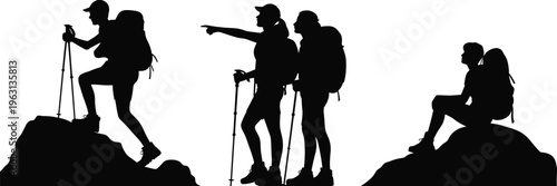 Hiking silhouettes vector set with backpackers climbing trekking mountain adventure outdoor isolated black figures illustration collection travel nature concept