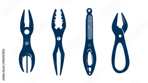 Four dark blue hand tools pliers, nippers, file, and more pliers