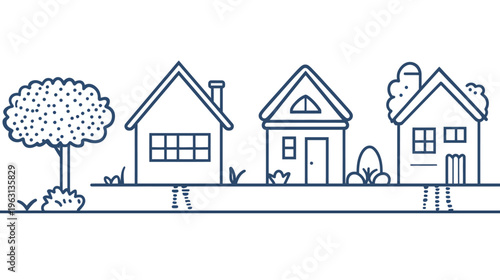 Simple line drawing depicting a row of houses with a tree, bushes, and grass in a linear format