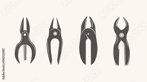 Four stylized silhouettes of various pliers, featuring simple shapes and grey color on beige backdrop