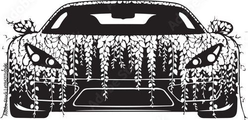 Black car covered in vines and leaves vehicle sports car