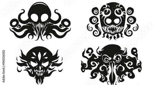Four stylized, monochromatic images of aquatic cephalopod monsters with skull-like, tentacled designs