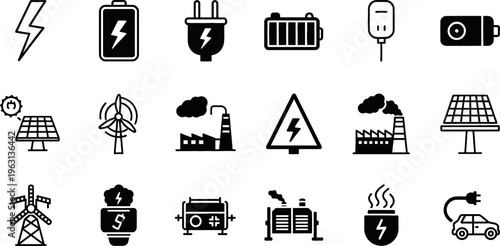 power silhouette icons, energy vector icons, electricity icon set, lightning bolt icon, battery symbol, power switch icon, plug and socket icon, solar panel icon, wind turbine icon, generator icon, hi