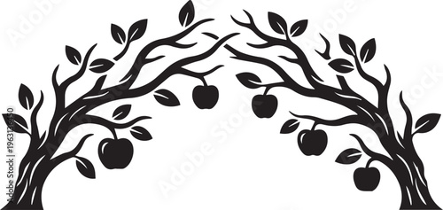 Black Apple Tree Branch Arch Silhouette Vector Illustration for Organic Frames and Garden Borders
