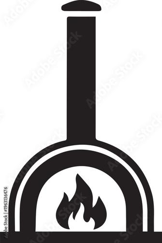 Black Vector Icon of Traditional Wood-Fired Pizza Oven with Chimney and Burning Flame for Restaurant Branding and Culinary Design