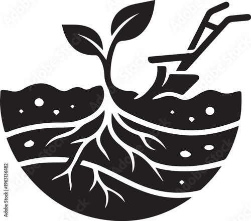 Sustainable Agriculture Icon of Plant Sprout with Deep Roots and Farming Plough in Soil Layers