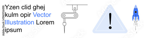 Robotics, automation, caution, innovation, space exploration, and technology . ion of a robotic arm, exclamation symbol and rocket. Robotics and caution concept