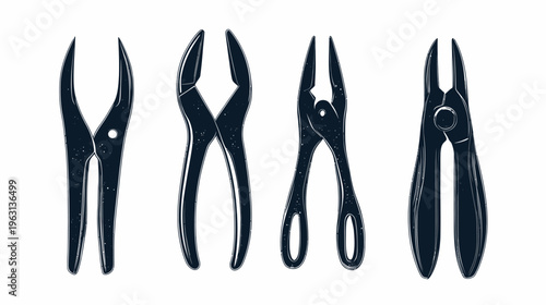 Four stylized, dark-colored hand tools set against a white background. Each has a unique design