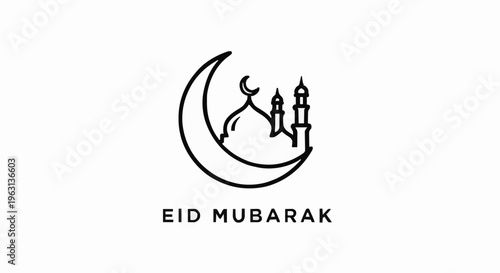 Eid mubarak greeting card with crescent moon and mosque silhouette on white background