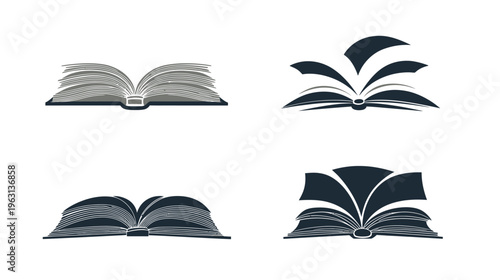 Four stylized illustrations of open books in various poses. The design is in monochrome shades