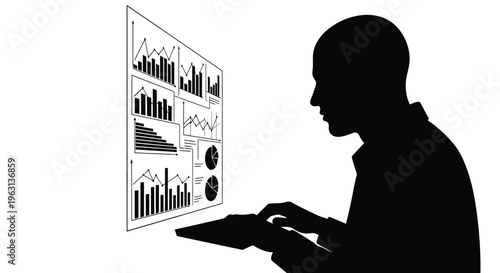 Businessman analyzing data on a large screen display with graphs and charts